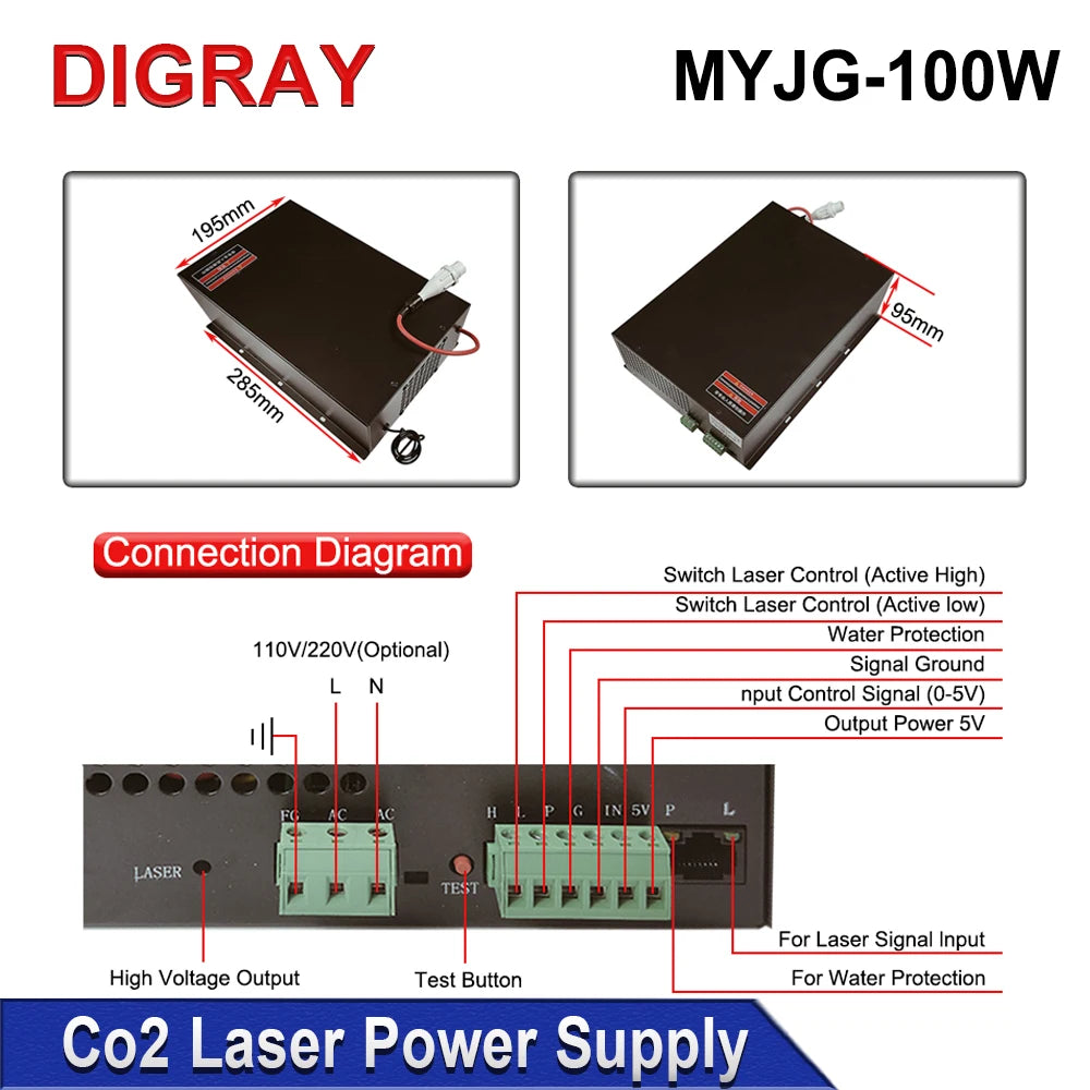 DIGRAY 100W Co2 Laser Power Supply MYJG-100W for 80W 100W Laser Cutting and Engraving Machine