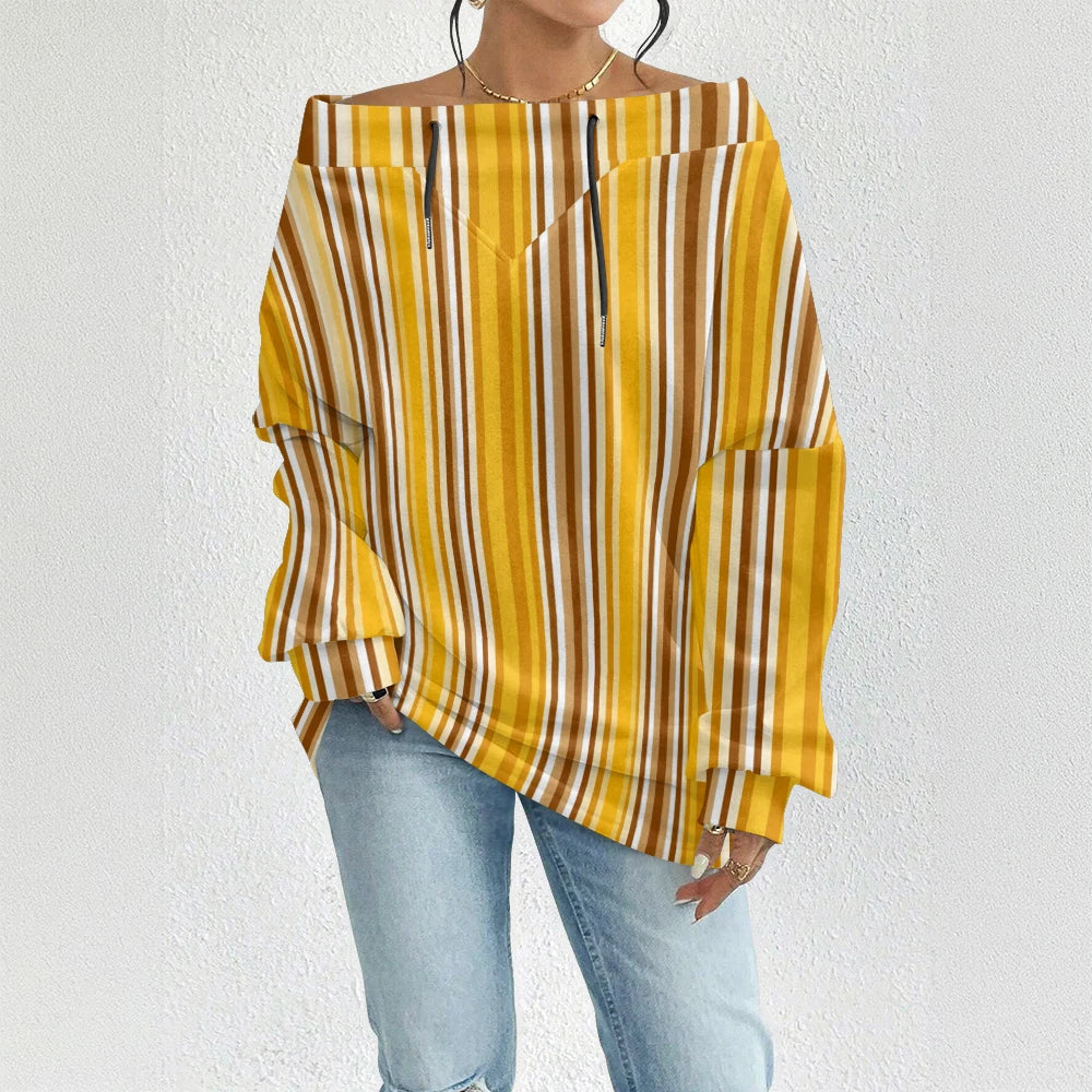 Fashion Chic Off-The-Shoulder Striped Sweatshirt Women's Sexy Drawstring Top Bohemian Style Bell Sleeve Blouse Party Pullover