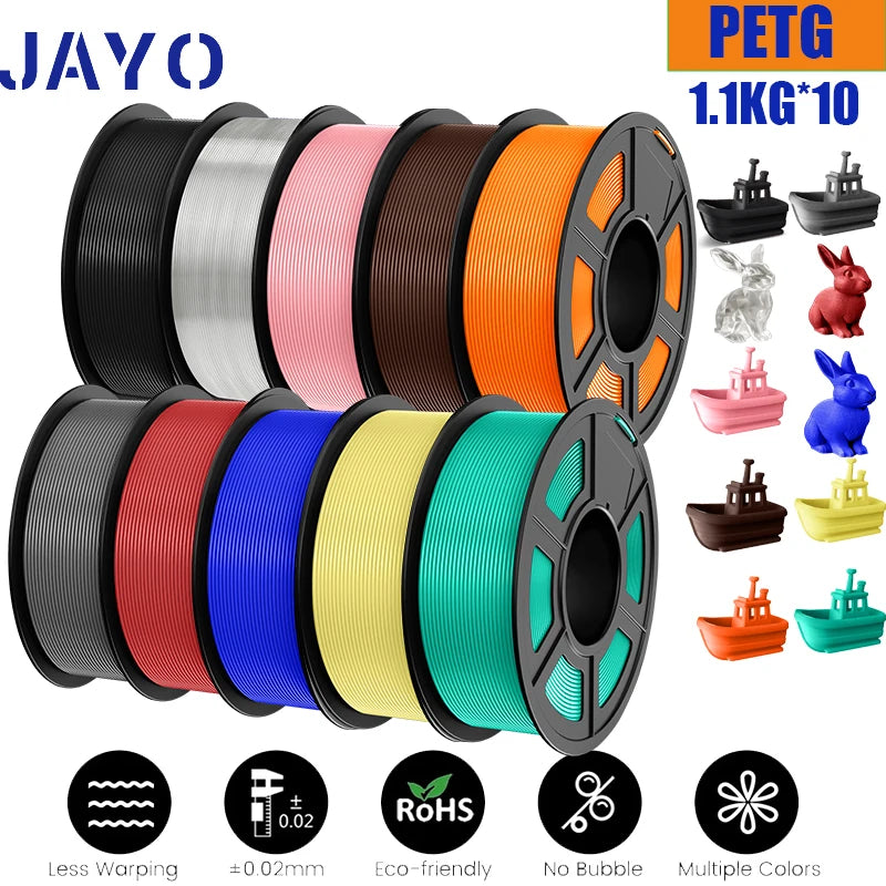 JAYO petg Filament 3d PETG 1.75mm 10Rolls Neatly Wound Toughness no bubbles 3D Printer Filament for FDM Muticolor 1.1KG /roll
