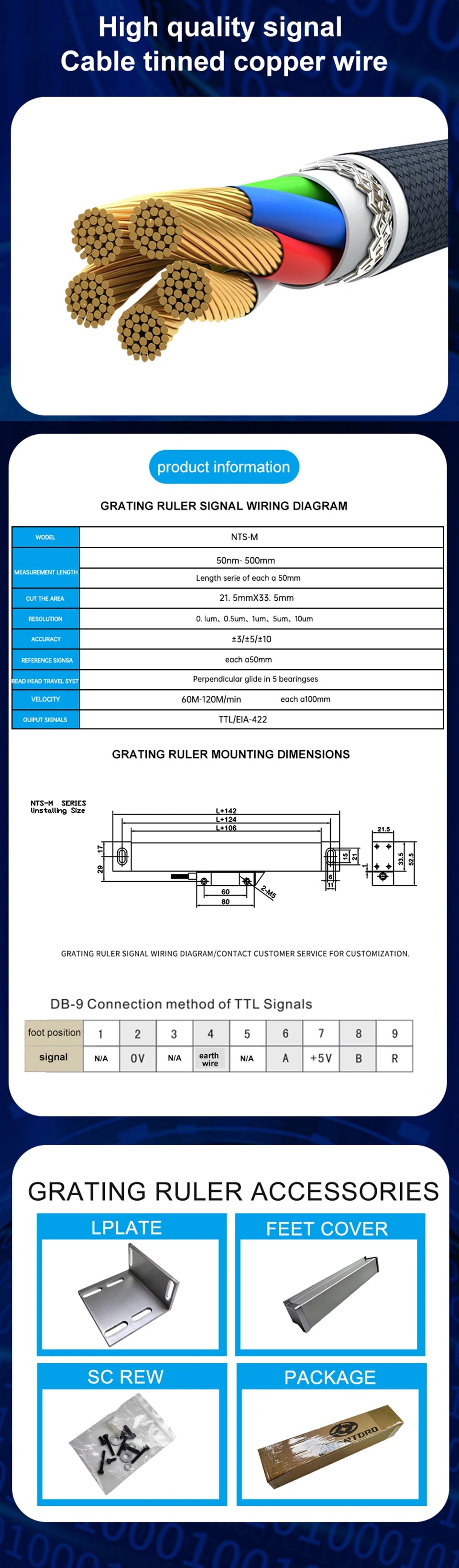 0.005mm Slim Linear DRO Glass Scale TTL 5VDC 450mm-1000mm  Grating Ruler Sensor Displacement for Milling Lathe Machine