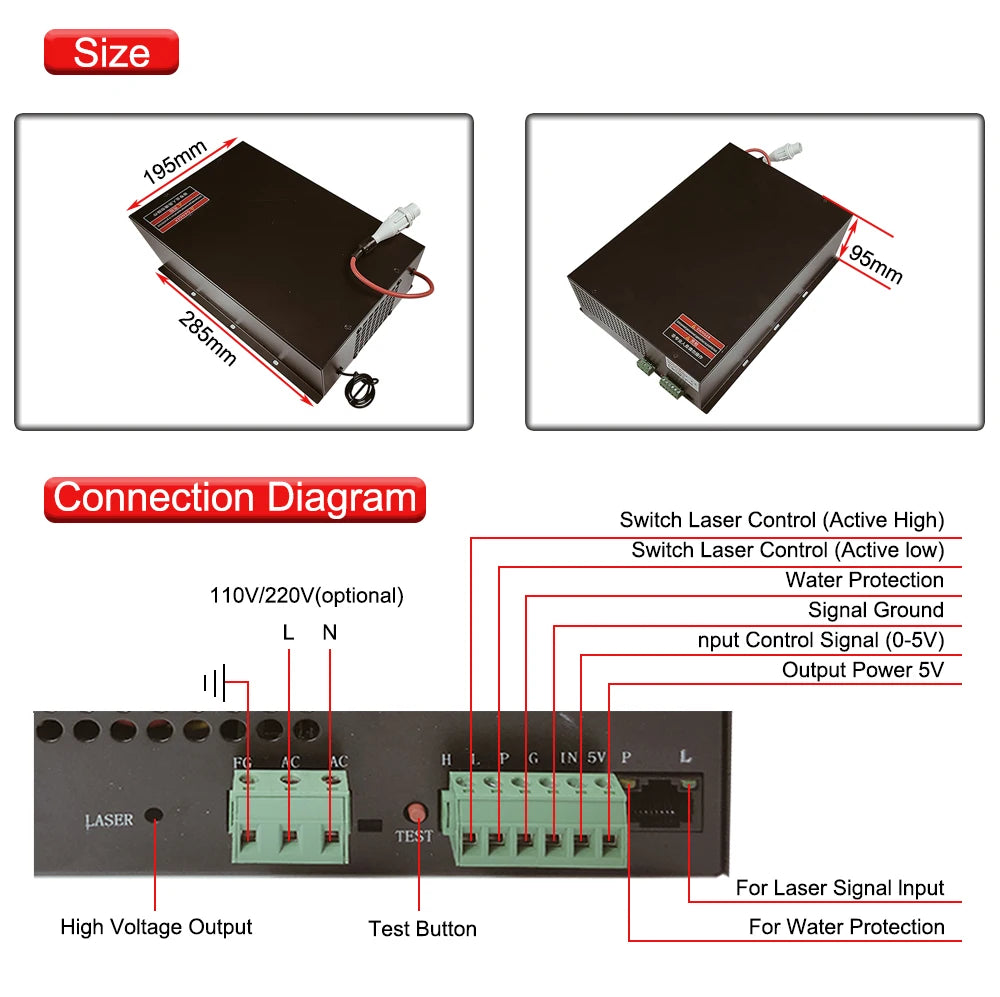 DIGRAY 100W Co2 Laser Power Supply MYJG-100W for 80W 100W Laser Cutting and Engraving Machine