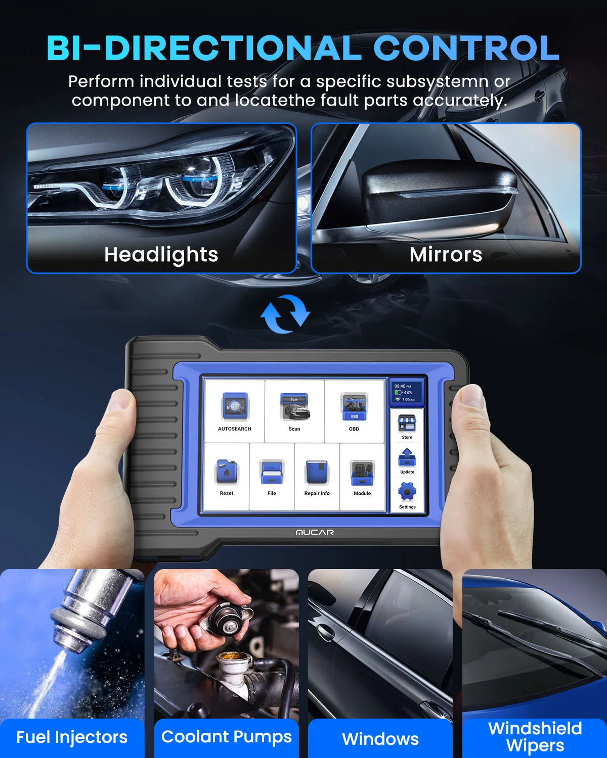 MUCAR VO7S Professional Car Diagnostic Tools Bi-directional Auto VIN CANFD ECU Coding 28 Reset Full System Free Obd2 Scanner FCA