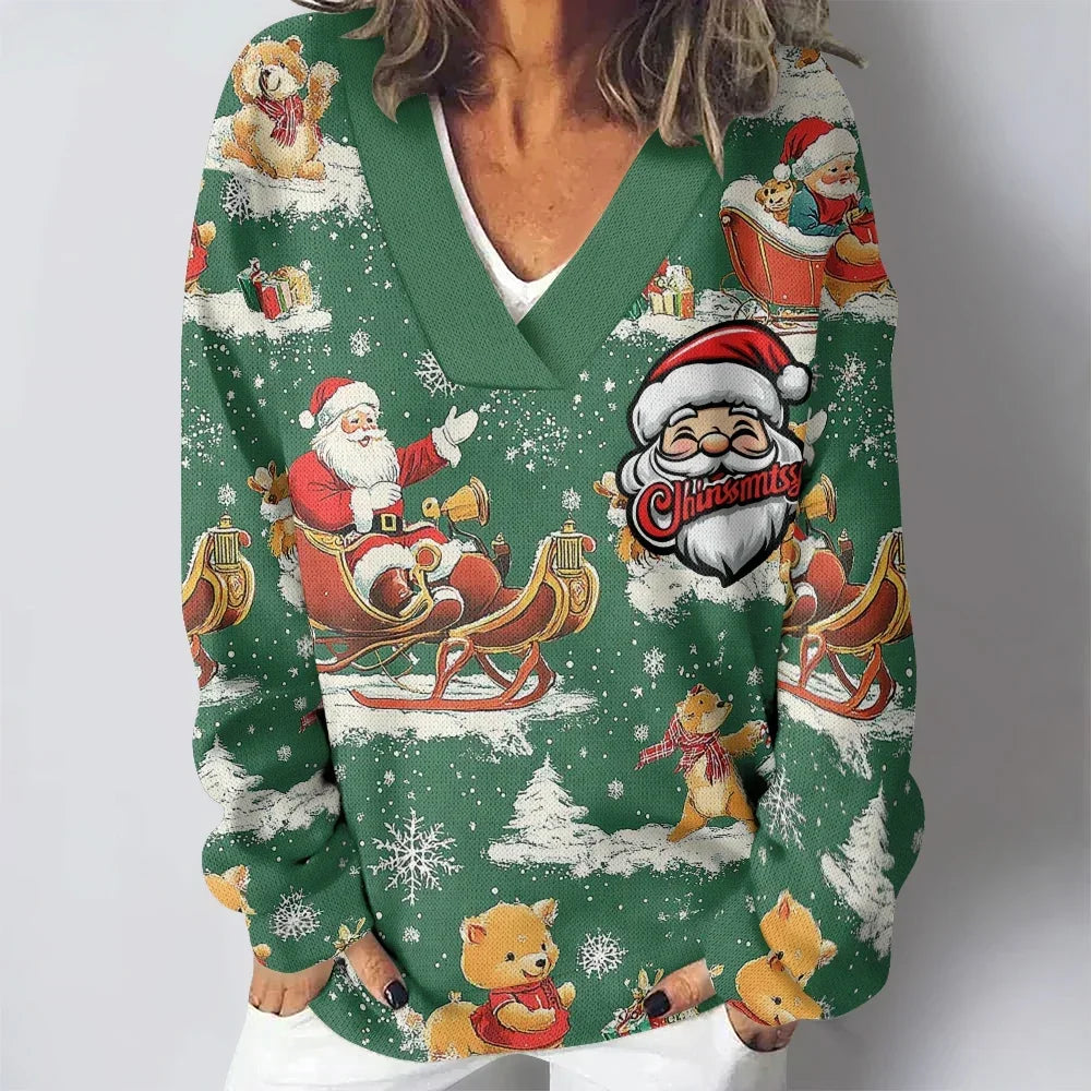 Women Sweatshirts Vintage Santa Claus Printed Oversized Deep V Neck Winter Tops Elegent Pullovers Long Sleeve Loose Jumper