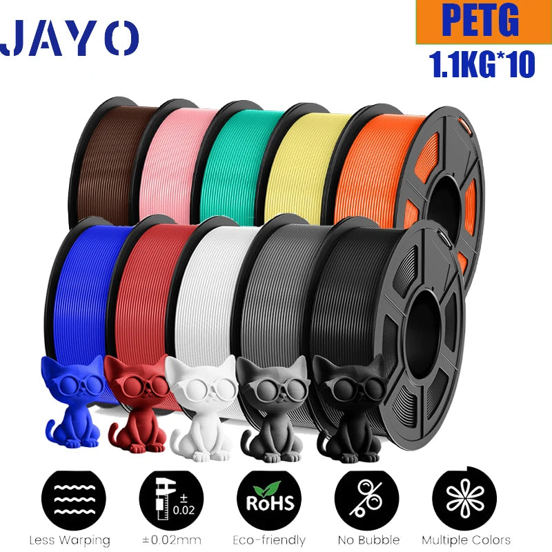 JAYO petg Filament 3d PETG 1.75mm 10Rolls Neatly Wound Toughness no bubbles 3D Printer Filament for FDM Muticolor 1.1KG /roll