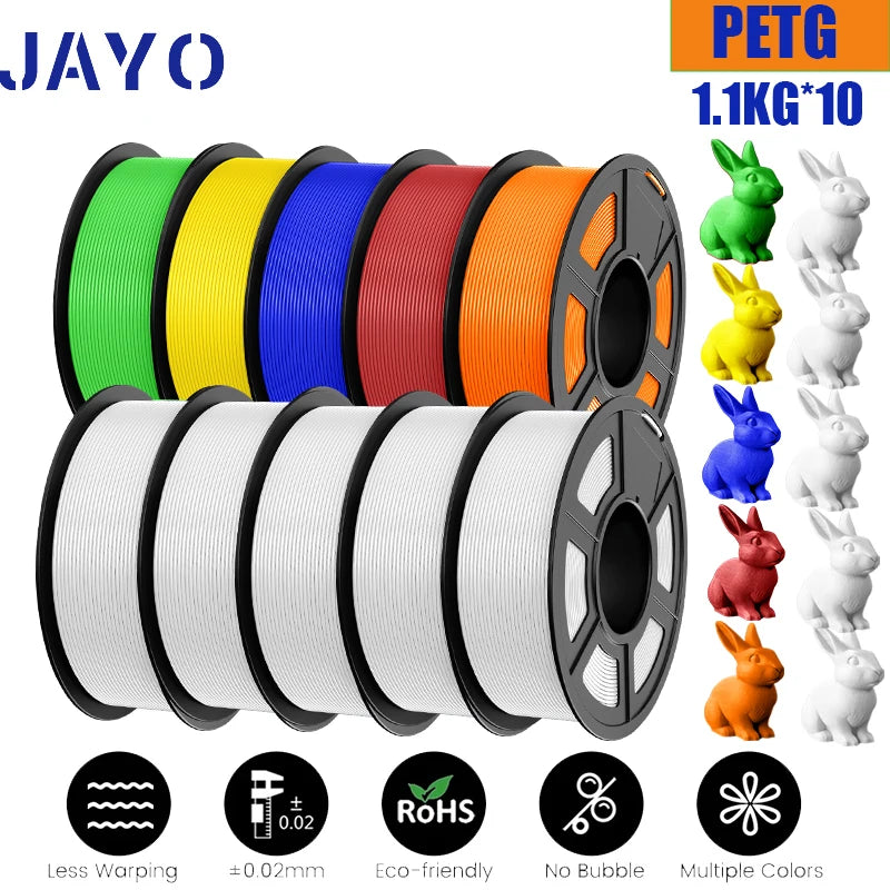 JAYO petg Filament 3d PETG 1.75mm 10Rolls Neatly Wound Toughness no bubbles 3D Printer Filament for FDM Muticolor 1.1KG /roll