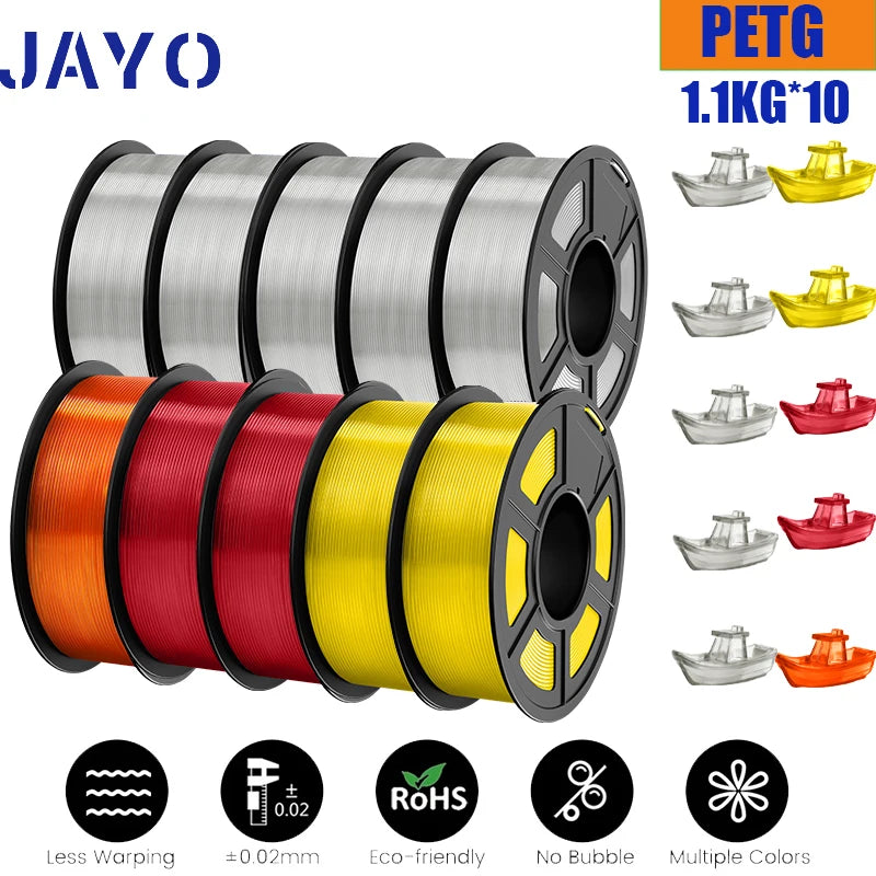 JAYO petg Filament 3d PETG 1.75mm 10Rolls Neatly Wound Toughness no bubbles 3D Printer Filament for FDM Muticolor 1.1KG /roll