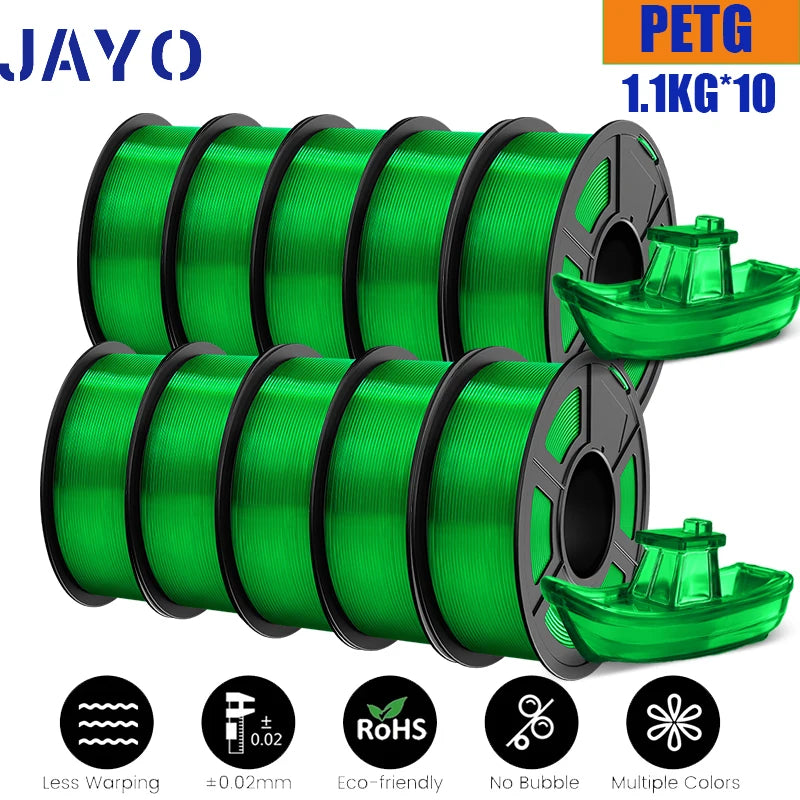 JAYO petg Filament 3d PETG 1.75mm 10Rolls Neatly Wound Toughness no bubbles 3D Printer Filament for FDM Muticolor 1.1KG /roll