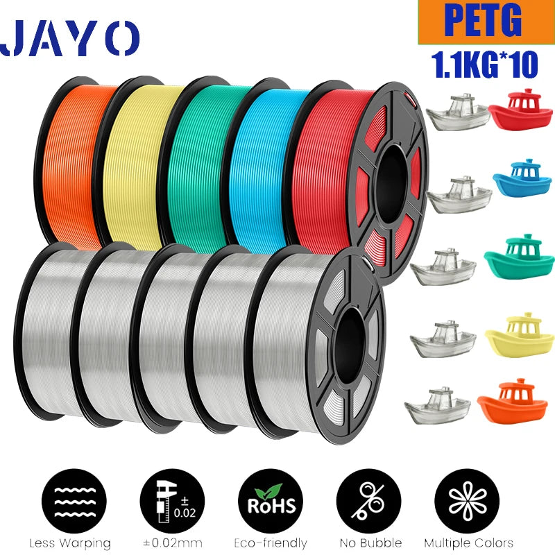 JAYO petg Filament 3d PETG 1.75mm 10Rolls Neatly Wound Toughness no bubbles 3D Printer Filament for FDM Muticolor 1.1KG /roll