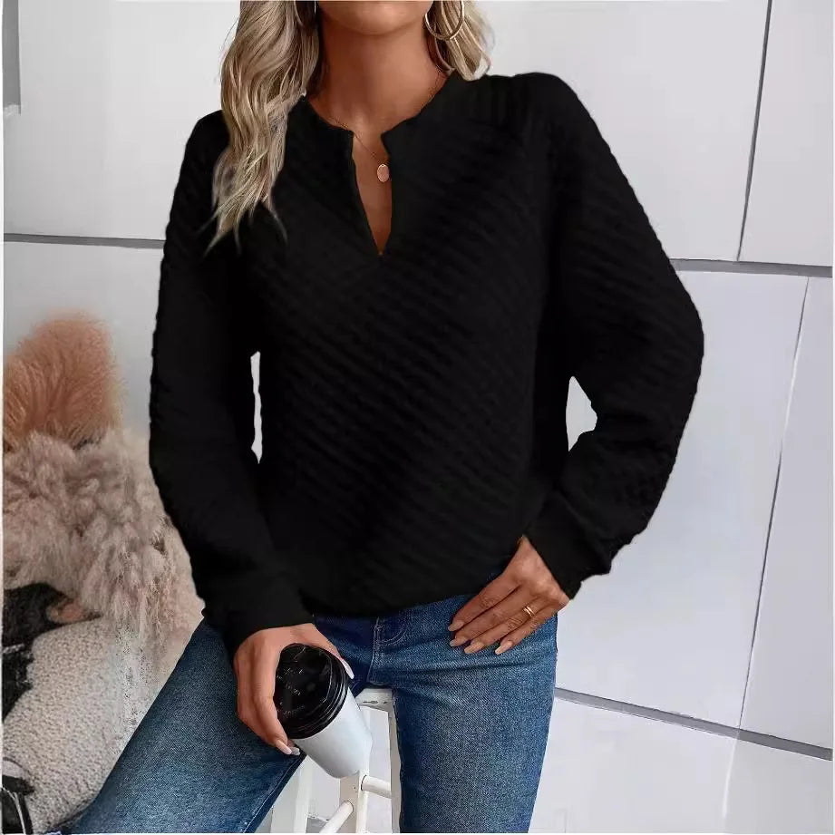 Women Sweatshirt 2025 Spring Autumn Latest Fashion Solid Color Deep V-Neck Pullover Long Sleeved Casual Hoodie Loose Sporty Top