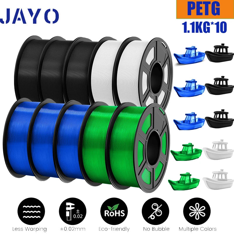 JAYO petg Filament 3d PETG 1.75mm 10Rolls Neatly Wound Toughness no bubbles 3D Printer Filament for FDM Muticolor 1.1KG /roll