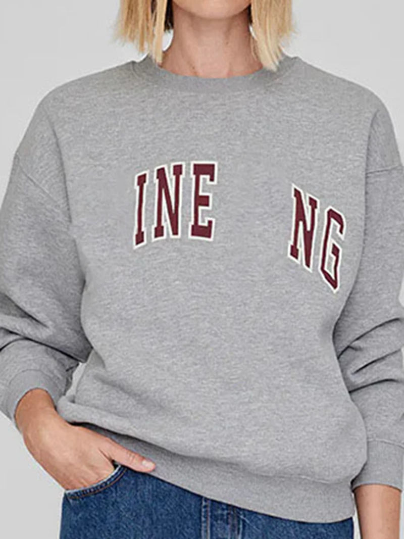 Women's sweatshirt for autumn and winter 2025, comfortable and casual round neck long sleeved gray warm pure cotton sportswear