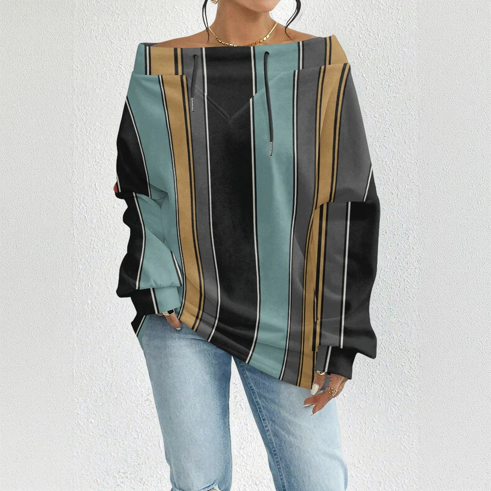 Fashion Chic Off-The-Shoulder Striped Sweatshirt Women's Sexy Drawstring Top Bohemian Style Bell Sleeve Blouse Party Pullover