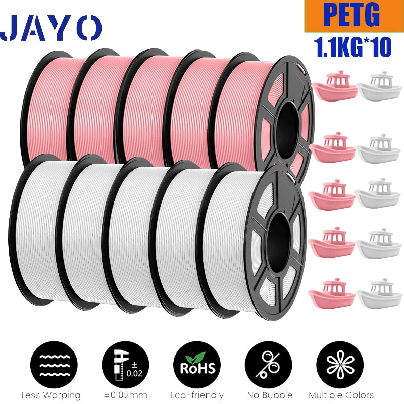 JAYO petg Filament 3d PETG 1.75mm 10Rolls Neatly Wound Toughness no bubbles 3D Printer Filament for FDM Muticolor 1.1KG /roll