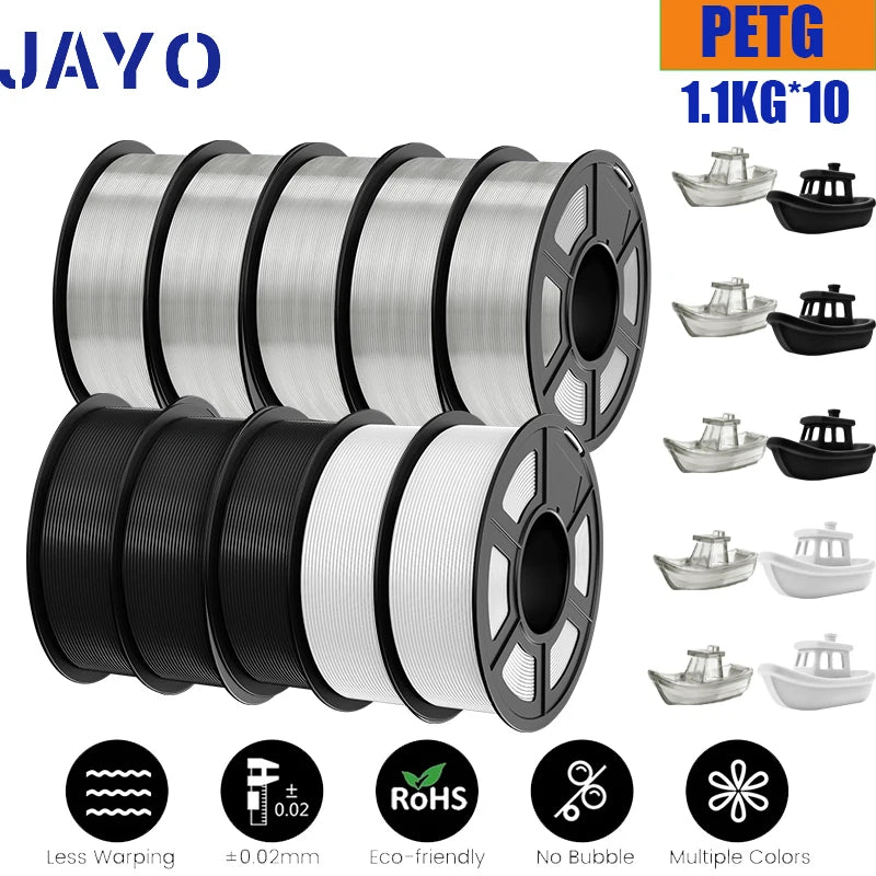JAYO petg Filament 3d PETG 1.75mm 10Rolls Neatly Wound Toughness no bubbles 3D Printer Filament for FDM Muticolor 1.1KG /roll