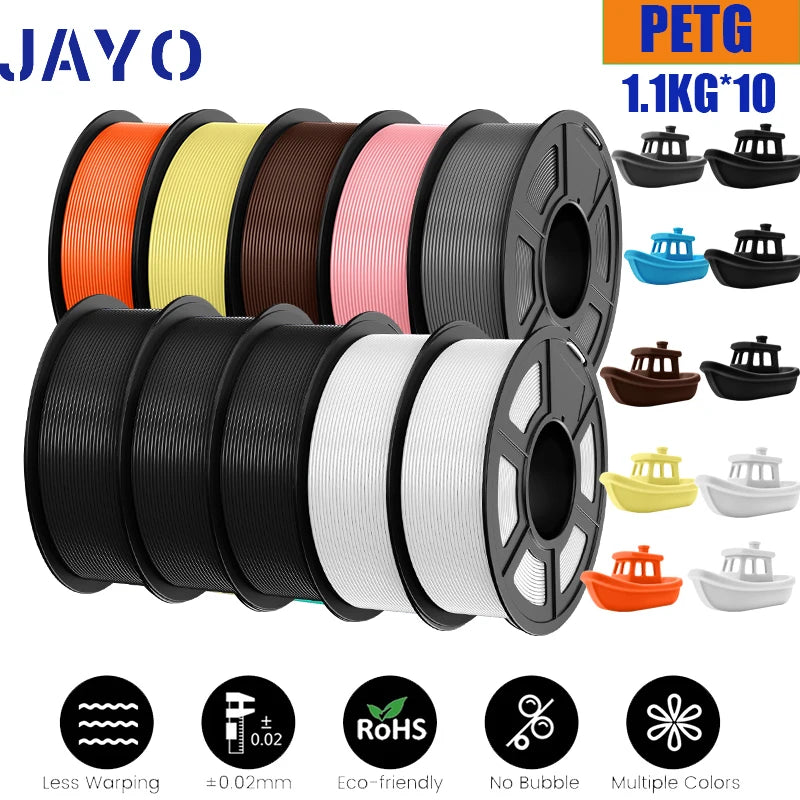 JAYO petg Filament 3d PETG 1.75mm 10Rolls Neatly Wound Toughness no bubbles 3D Printer Filament for FDM Muticolor 1.1KG /roll