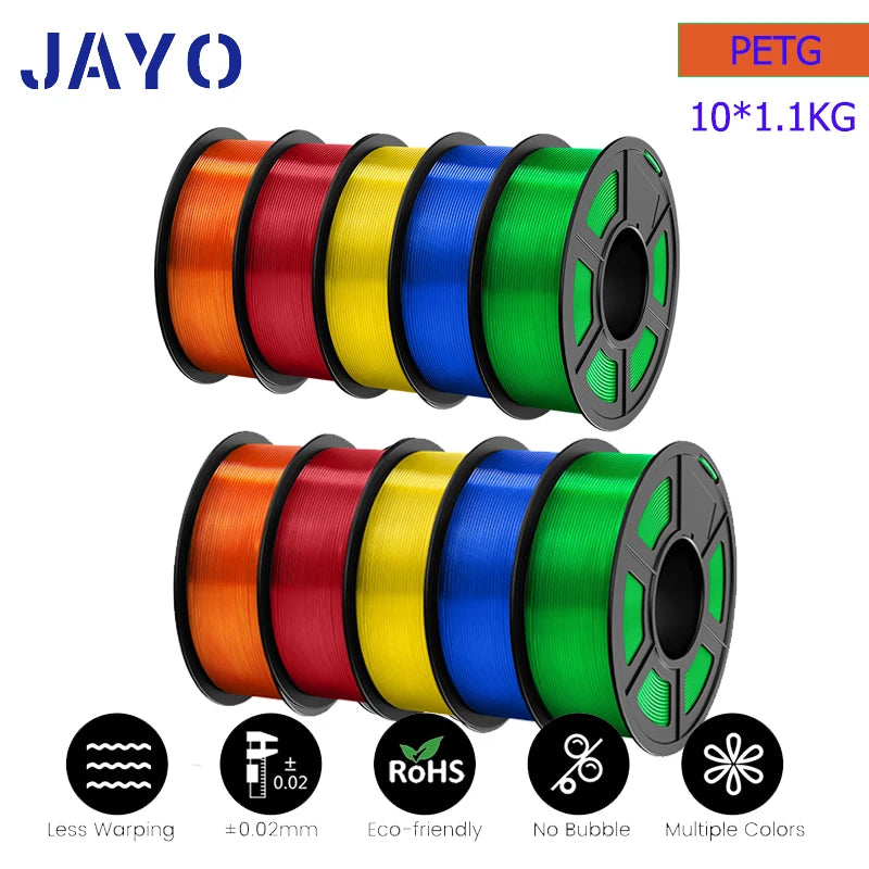 JAYO petg Filament 3d PETG 1.75mm 10Rolls Neatly Wound Toughness no bubbles 3D Printer Filament for FDM Muticolor 1.1KG /roll