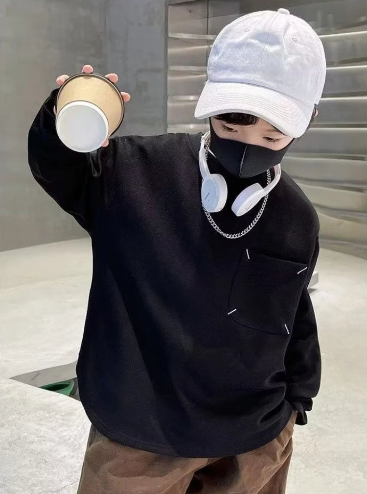 Sweatshirt Boys' Long Sleeve T-Shirt Spring 2025 New Solid Color Simple Stylish Casual Big Kids Top for 6-8 Years Old