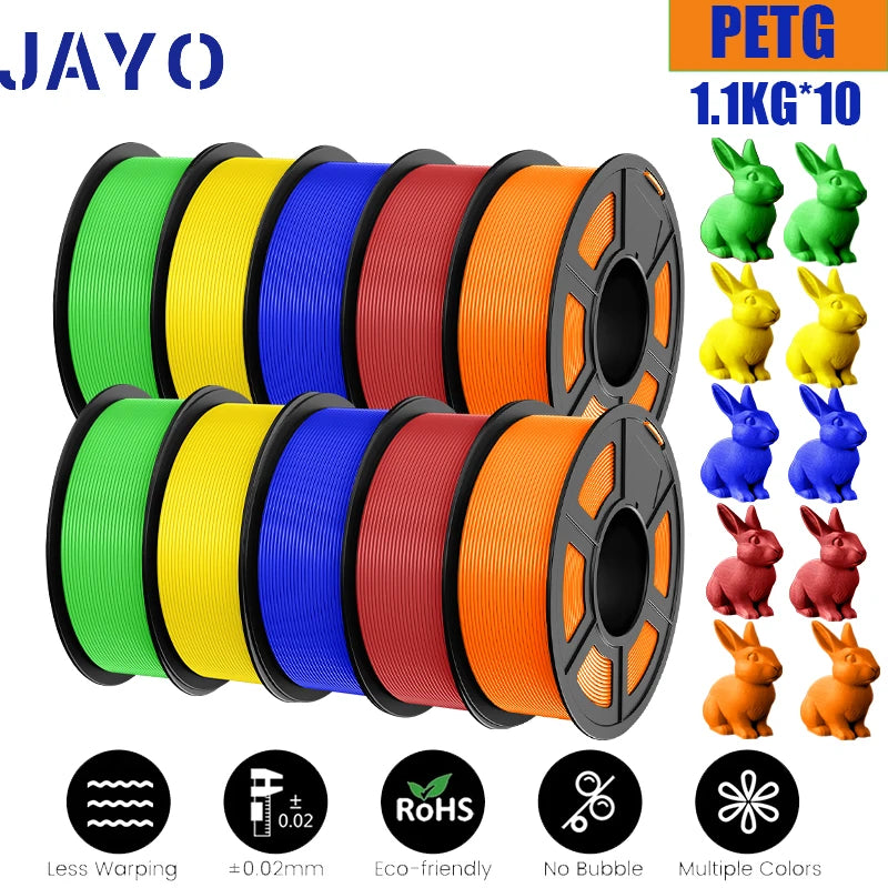 JAYO petg Filament 3d PETG 1.75mm 10Rolls Neatly Wound Toughness no bubbles 3D Printer Filament for FDM Muticolor 1.1KG /roll