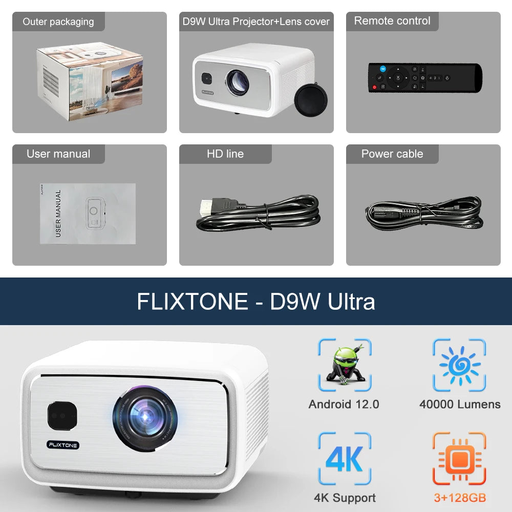 FlixTone D9W Ultra 3000 ANSI Full HD 1080P Projector for Movies Android  WiFi 6 Home Theater Beam Projector for Outdoor Video