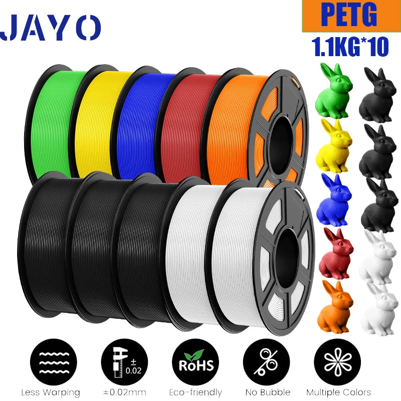 JAYO petg Filament 3d PETG 1.75mm 10Rolls Neatly Wound Toughness no bubbles 3D Printer Filament for FDM Muticolor 1.1KG /roll