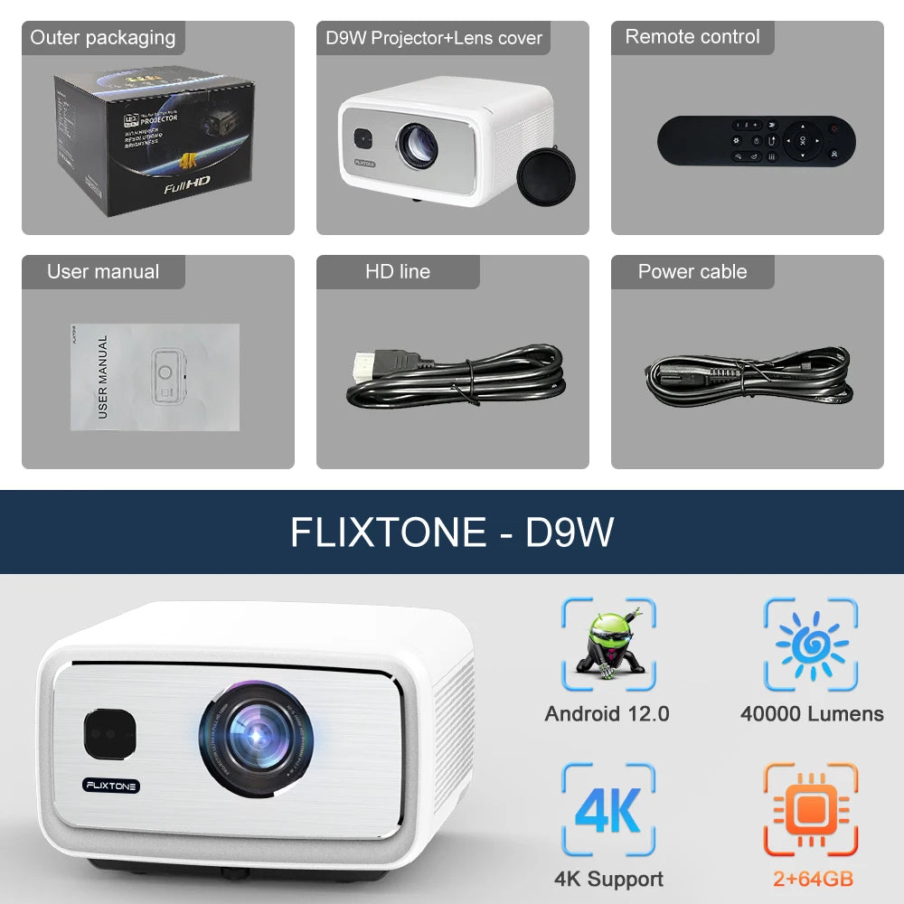 FlixTone D9W Ultra 3000 ANSI Full HD 1080P Projector for Movies Android  WiFi 6 Home Theater Beam Projector for Outdoor Video