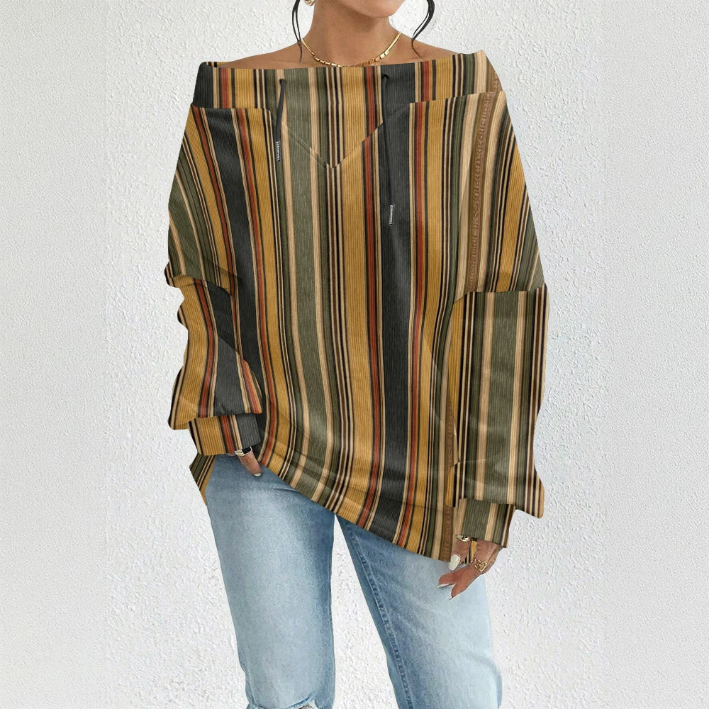 Fashion Chic Off-The-Shoulder Striped Sweatshirt Women's Sexy Drawstring Top Bohemian Style Bell Sleeve Blouse Party Pullover