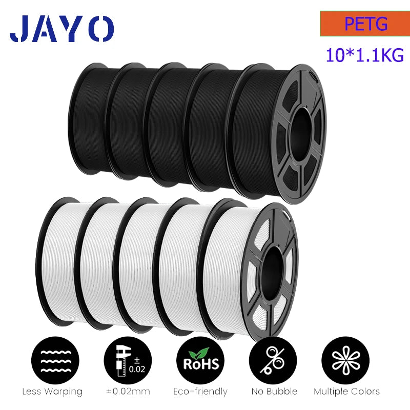 JAYO petg Filament 3d PETG 1.75mm 10Rolls Neatly Wound Toughness no bubbles 3D Printer Filament for FDM Muticolor 1.1KG /roll