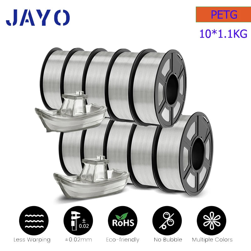 JAYO petg Filament 3d PETG 1.75mm 10Rolls Neatly Wound Toughness no bubbles 3D Printer Filament for FDM Muticolor 1.1KG /roll