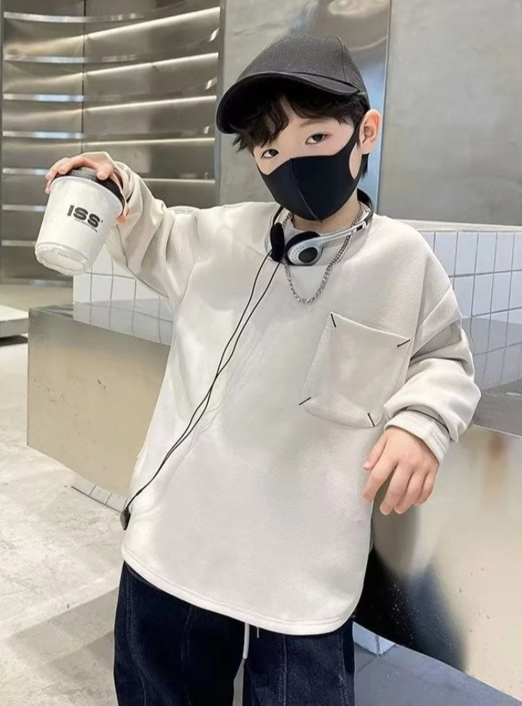 Sweatshirt Boys' Long Sleeve T-Shirt Spring 2025 New Solid Color Simple Stylish Casual Big Kids Top for 6-8 Years Old