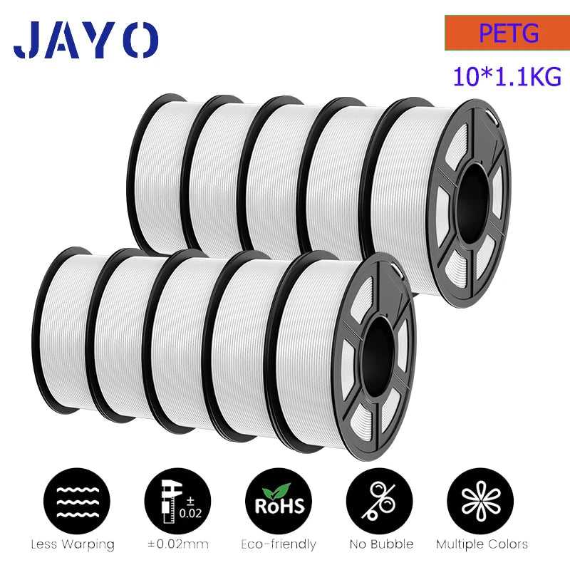JAYO petg Filament 3d PETG 1.75mm 10Rolls Neatly Wound Toughness no bubbles 3D Printer Filament for FDM Muticolor 1.1KG /roll