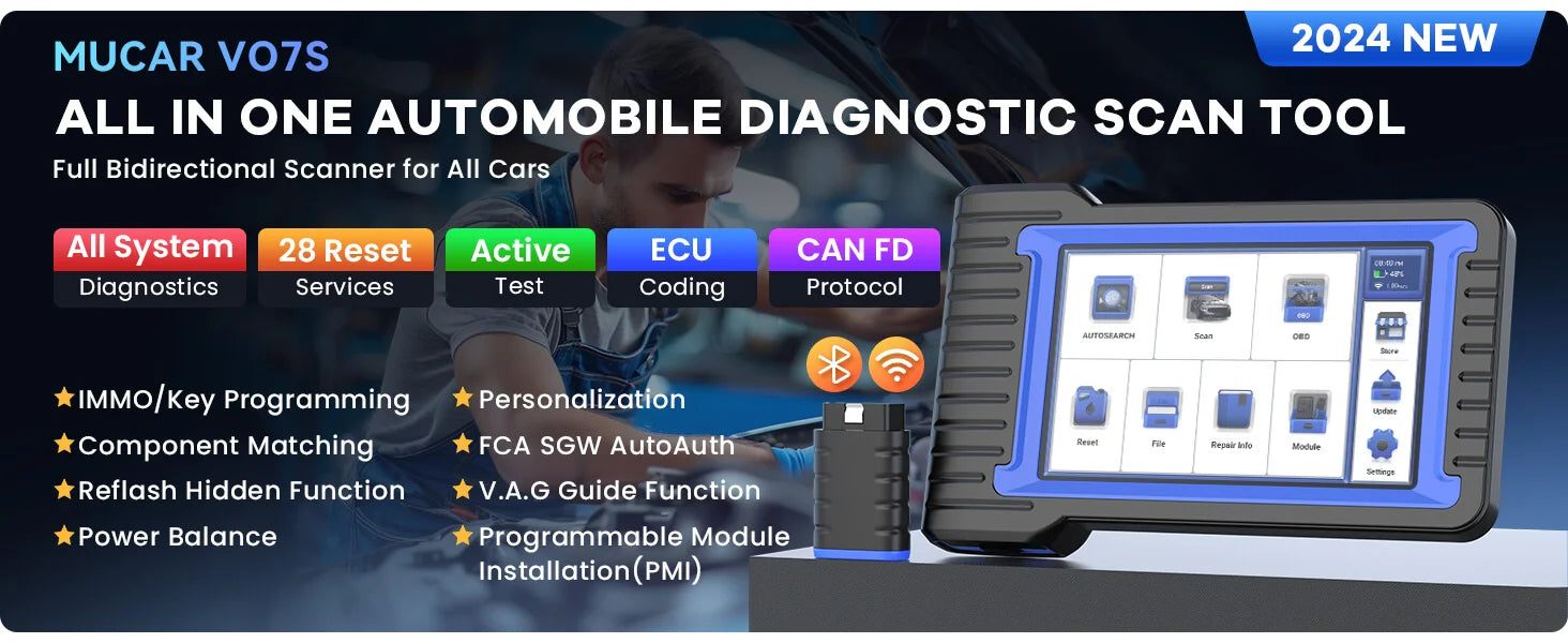 MUCAR VO7S Professional Car Diagnostic Tools Bi-directional Auto VIN CANFD ECU Coding 28 Reset Full System Free Obd2 Scanner FCA