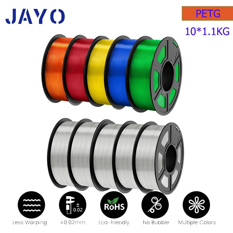 JAYO petg Filament 3d PETG 1.75mm 10Rolls Neatly Wound Toughness no bubbles 3D Printer Filament for FDM Muticolor 1.1KG /roll