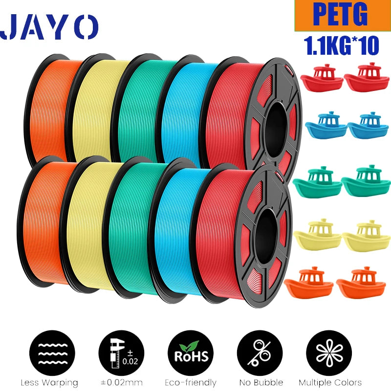 JAYO petg Filament 3d PETG 1.75mm 10Rolls Neatly Wound Toughness no bubbles 3D Printer Filament for FDM Muticolor 1.1KG /roll
