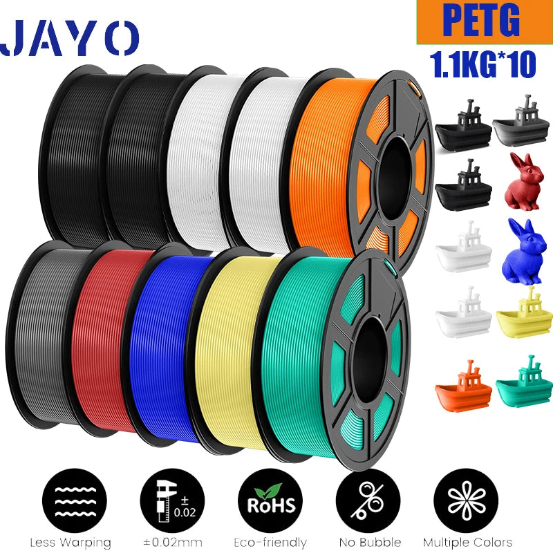JAYO petg Filament 3d PETG 1.75mm 10Rolls Neatly Wound Toughness no bubbles 3D Printer Filament for FDM Muticolor 1.1KG /roll