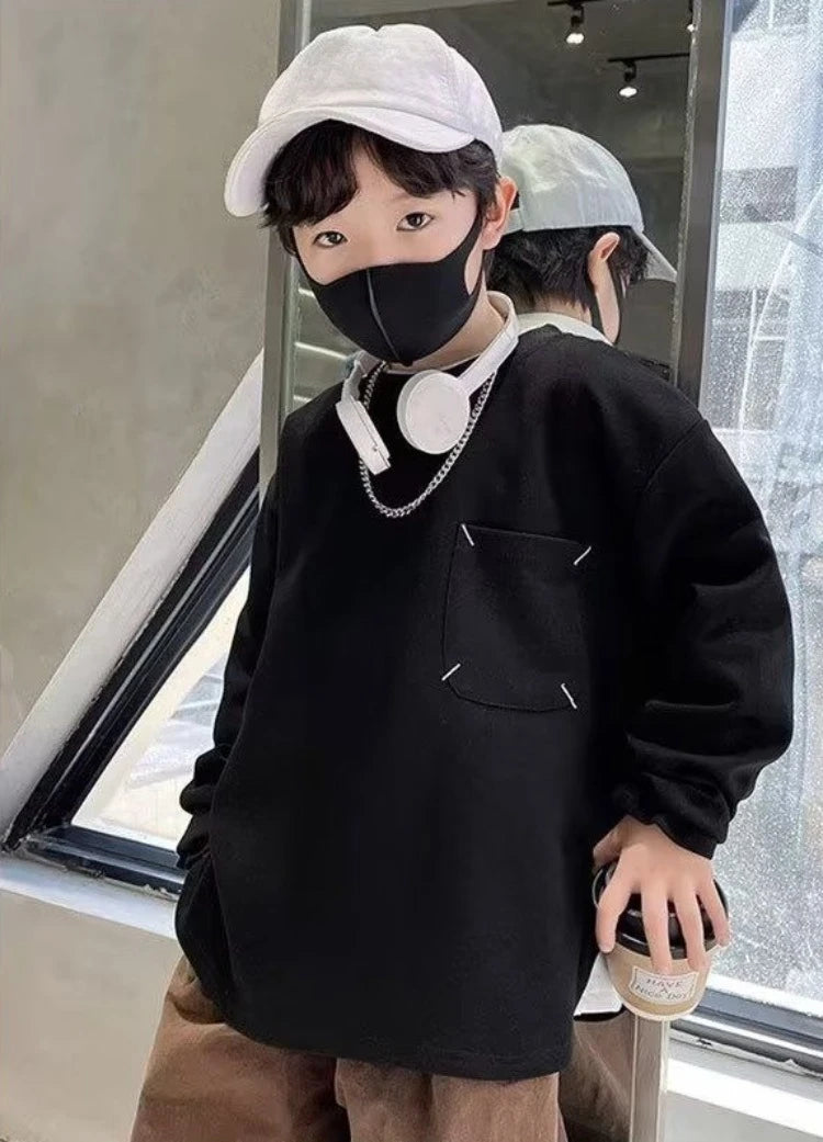 Sweatshirt Boys' Long Sleeve T-Shirt Spring 2025 New Solid Color Simple Stylish Casual Big Kids Top for 6-8 Years Old
