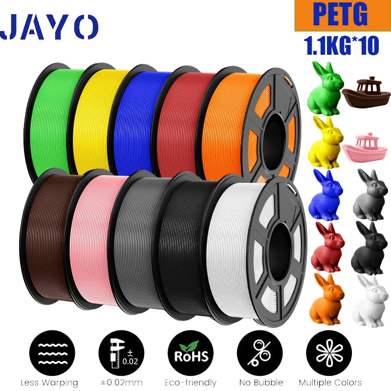 JAYO petg Filament 3d PETG 1.75mm 10Rolls Neatly Wound Toughness no bubbles 3D Printer Filament for FDM Muticolor 1.1KG /roll